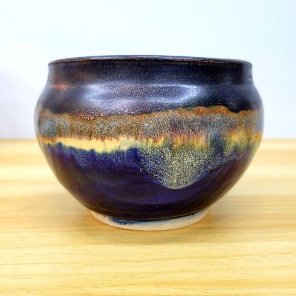 Signed Studio Pottery Bowl – Fan Mark – Drip Glaze in Indigo & Earth Tones – 6.5 - Picture 8 of 11